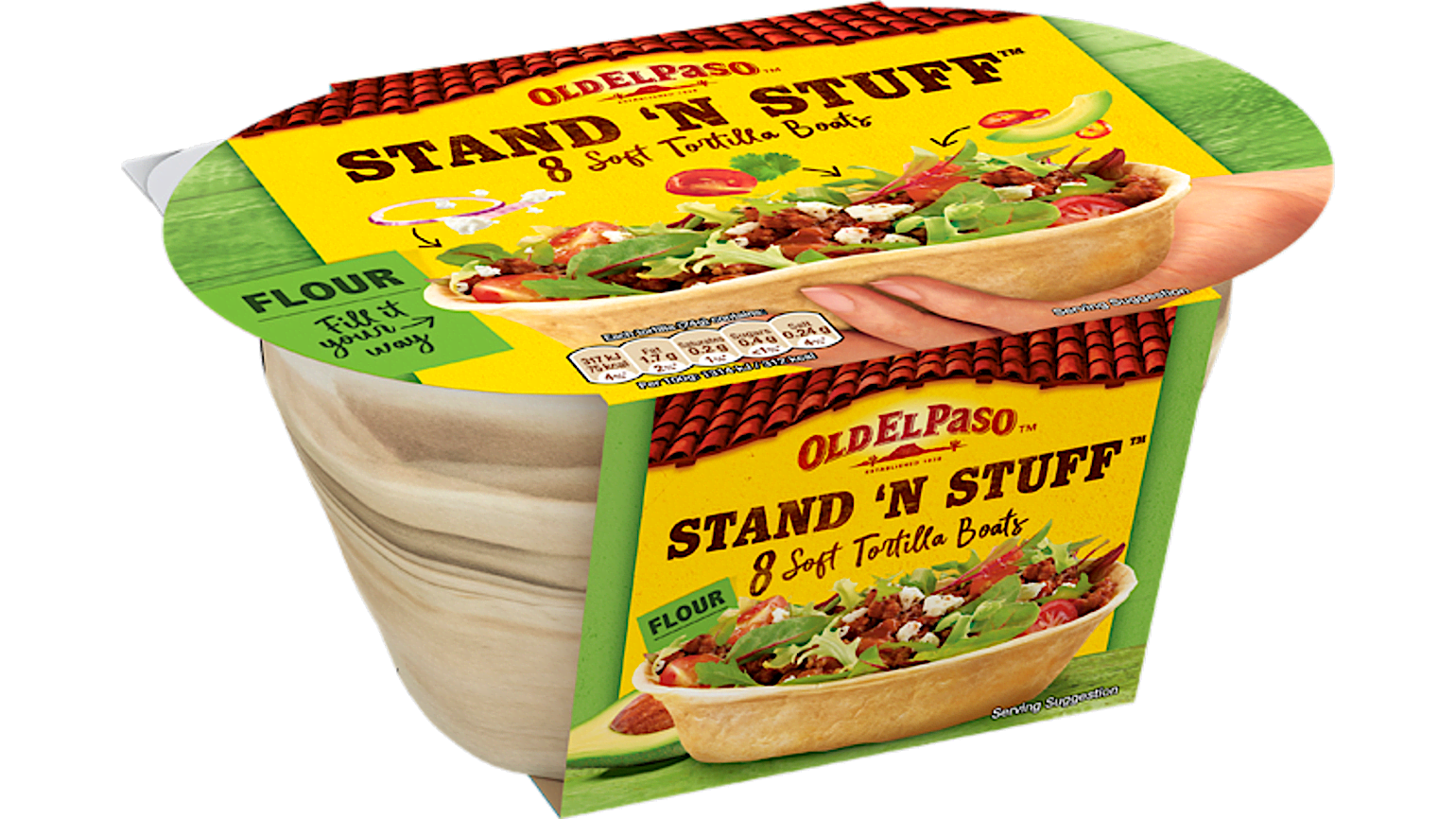 pack of Old El Paso's pk Stand N Stuff flour tortilla boats